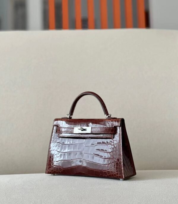 Hermes Mini Kelly Shiny Alligator crocodile Reddish Brown Silver Hardware 19cm Full Handmade