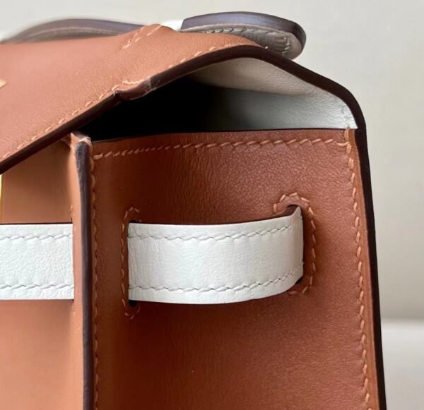 Hermès mini Kelly pochette swift CK37 Golden Brown & CC10 Creamy White Gold Hardware 22cm Full Handmade