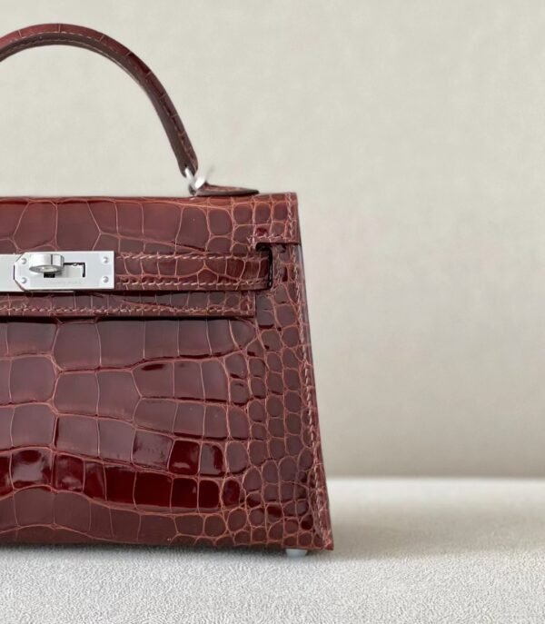 Hermes Mini Kelly Shiny Alligator crocodile Reddish Brown Silver Hardware 19cm Full Handmade