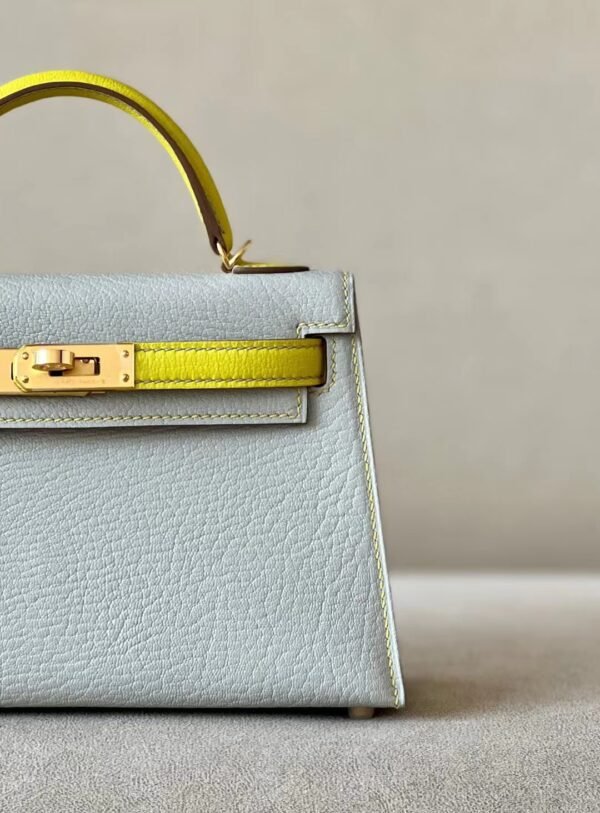 Hermès mini Kelly Chevre 80 Pearl grey & 9R Lemon yellow Gold Hardware 19cm Full Handmade