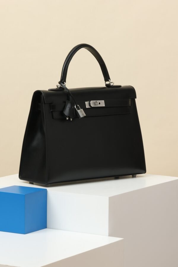 GPC Mode Kelly Shiny Box Leather CK89 Black Silver Hardware 35cm Full Handmade