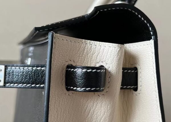 Hermes Kelly Chevre CK89 Black & Creamy White Silver Hardware 25cm Full Handmade