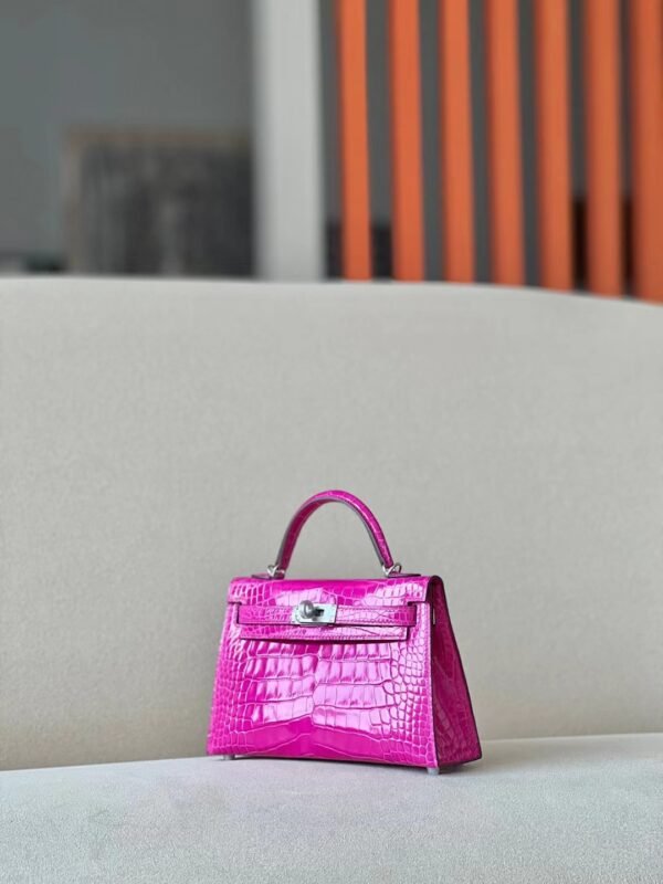 Hermes mini Kelly Shiny Wild Alligator crocodile Deep Rose Purple Silver Hardware 19cm Full Handmade