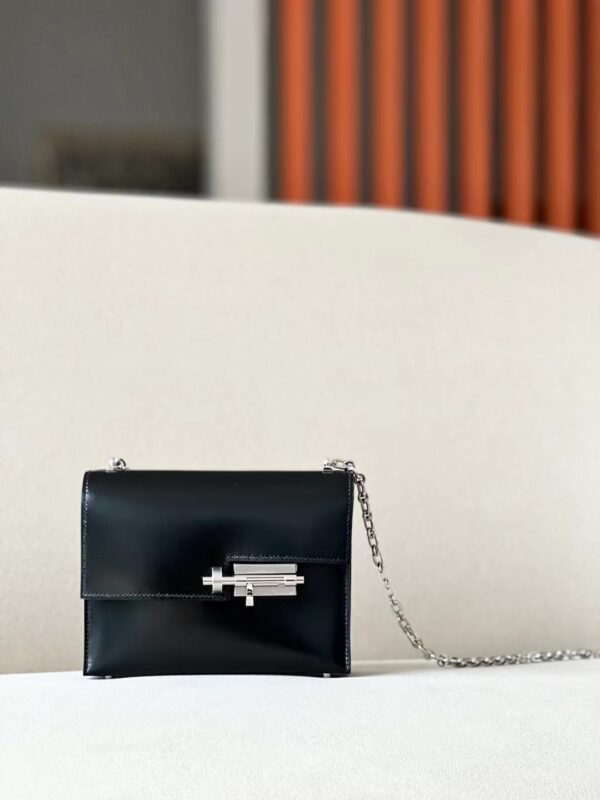 2caf6633b0b40f1-1 Hermes Verrou chain Box Leather CK89 Black Silver Hardware 17cm Full Handmade
