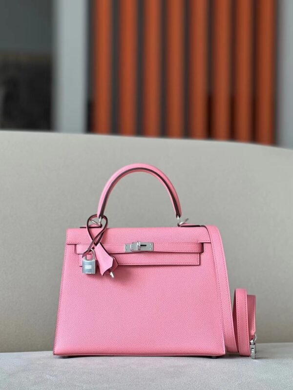 Hermes Kelly Epsom 1Q Creamy Pink Silver Hardware 25cm Full Handmade