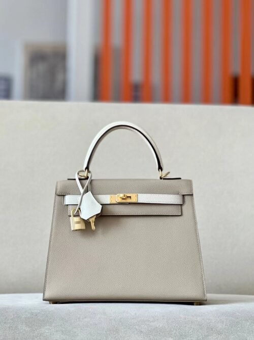 Hermes Kelly epsom S2 Light Grey & CC10 Creamy White Gold Hardware 25cm Full Handmade