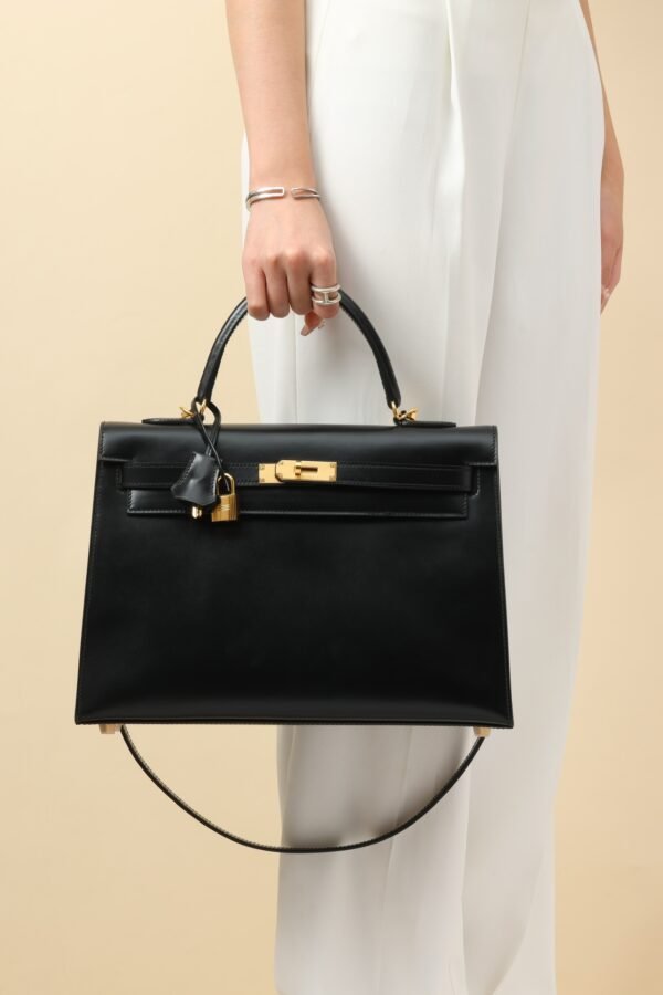 GPC Mode Kelly Shiny Box Leather CK89 Black Gold Hardware 35cm Full Handmade