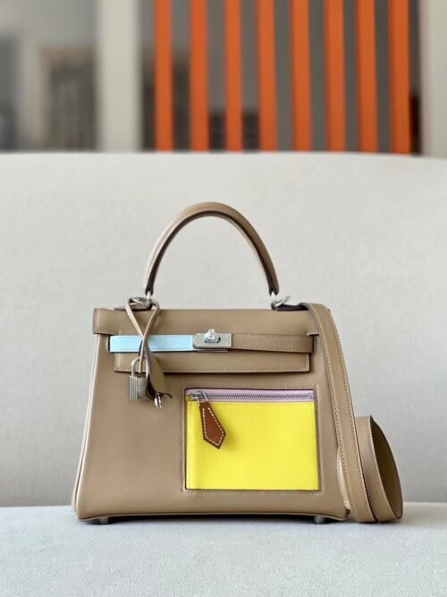 Hermès Kelly Swift OM Khaki & 9R Lemon yellow & X9 mallow purple & T0 Light Blue & Creamy White & N5 Purple Silver Hardware 25cm Full Handmade