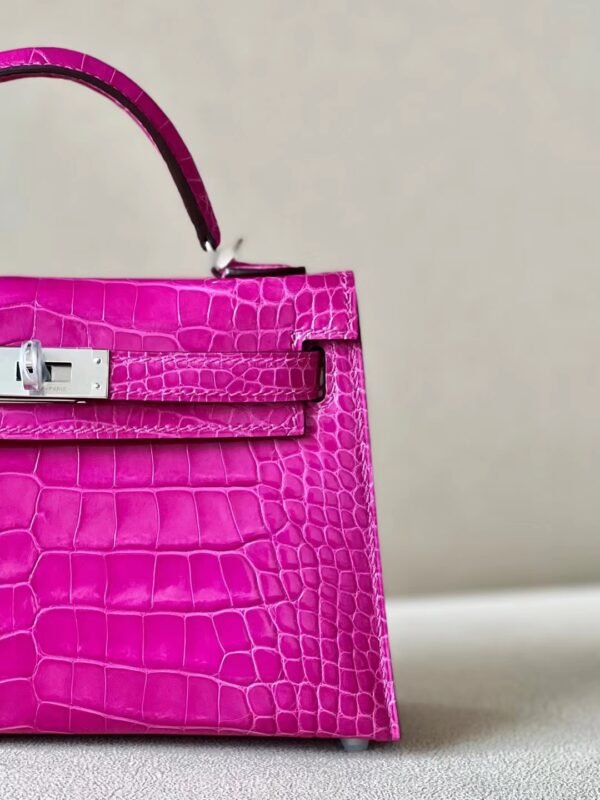 Hermes mini Kelly Shiny Wild Alligator crocodile Deep Rose Purple Silver Hardware 19cm Full Handmade