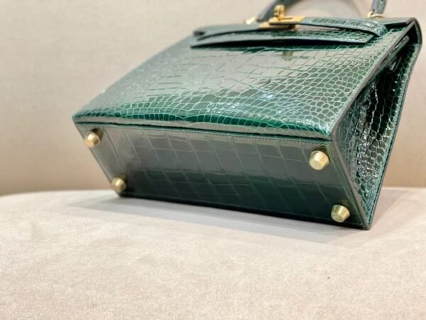 Hermes Kelly Shiny Alligator crocodile CK67 Deep Green Gold Hardware 25cm Full Handmade