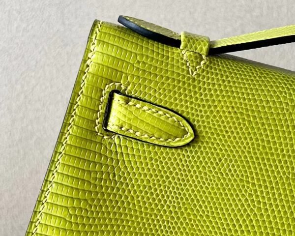 Hermes Mini Kelly pochette Lizard Leather 66 yellow-green Silver Hardware 22cm Full Handmade