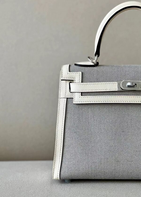 Hermes Kelly Swift & Canvas Grey & White Silver Hardware 25cm Full Handmade