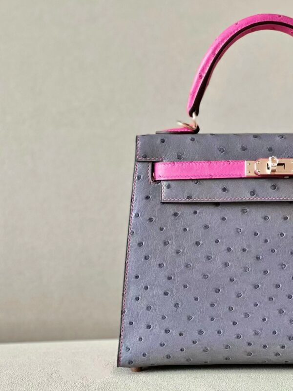 Hermes Kelly Ostrich 82 Agate grey & E5 Candy Pink Rose Gold Hardware 25cm Full Handmade