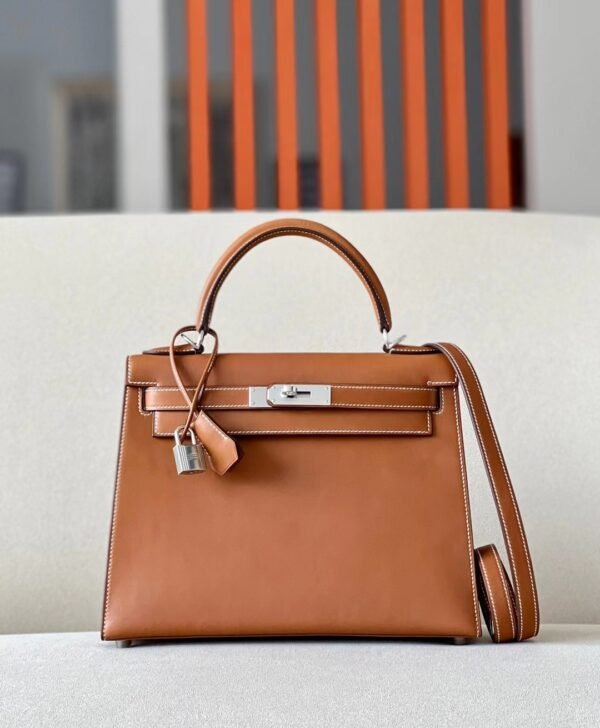 Hermes Kelly Barenia CK37 Golden Brown Silver Hardware 28cm Full Handmade