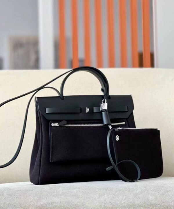 3bb5510ed862d0a Hermes Herbag Barenia & canvas CK89 Black Enamel buckle Silver Hardware 31cm Full Handmade