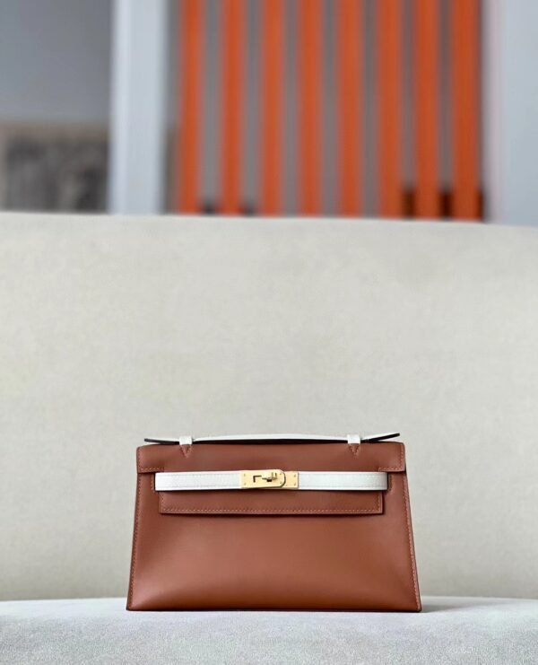 Hermès mini Kelly pochette swift CK37 Golden Brown & CC10 Creamy White Gold Hardware 22cm Full Handmade