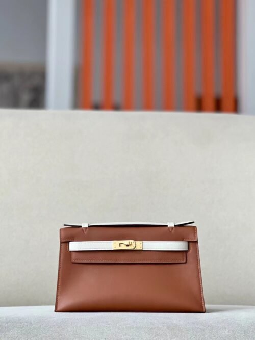 Hermès mini Kelly pochette swift CK37 Golden Brown & CC10 Creamy White Gold Hardware 22cm Full Handmade