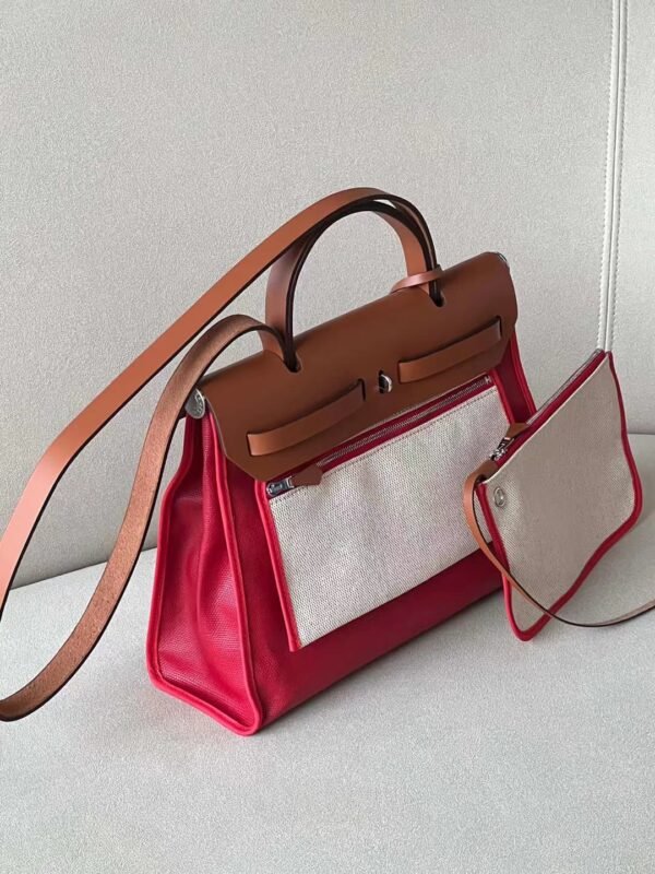 Hermes Herbag Barenia & Canvas Red & Golden Brown Silver Hardware 31cm Full Handmade