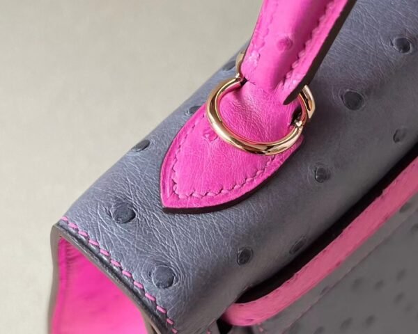 Hermes Kelly Ostrich 82 Agate grey & E5 Candy Pink Rose Gold Hardware 25cm Full Handmade