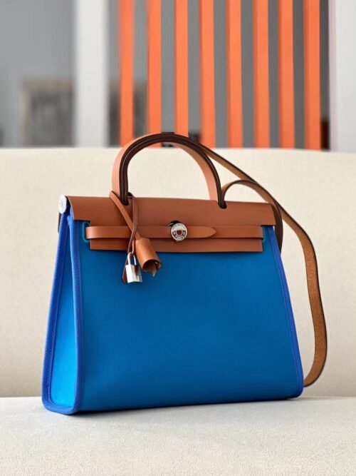 Hermes Herbag Barenia & Canvas Bright Blue & Golden Brown Silver Hardware 31cm Full Handmade