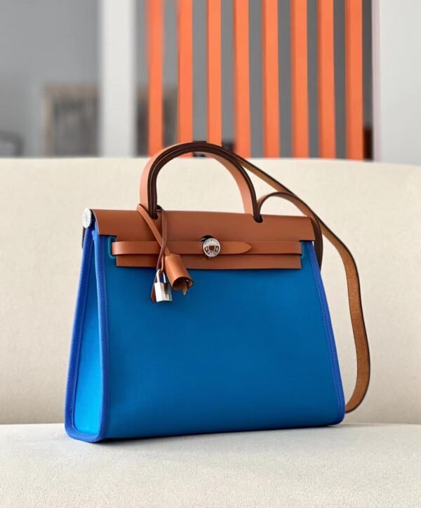 Hermes Herbag Barenia & Canvas Bright Blue & Golden Brown Silver Hardware 31cm Full Handmade