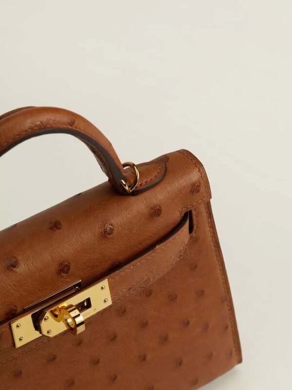 GPC Mode mini kelly Ostrich Leather Golden brown Gold Hardware 19cm Full Handmade