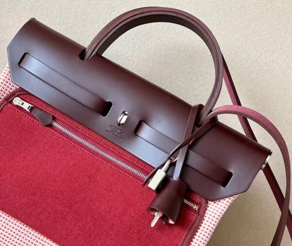 3fa72268653a867 Hermes Herbag Barenia & Canvas Red & White knit Saddle red Silver Hardware 31cm Full Handmade