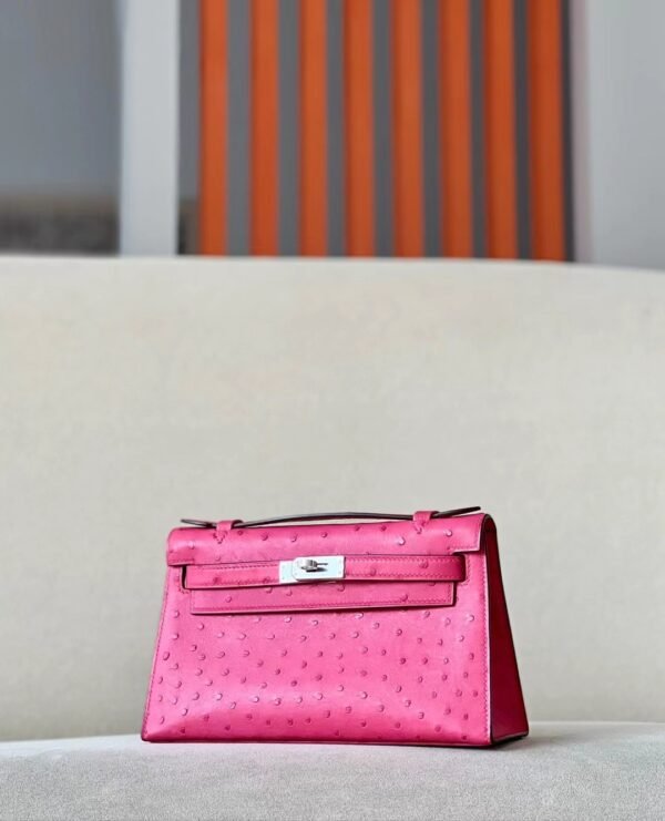 Hermes Mini Kelly pochette Ostrich E5 Candy Pink Silver Hardware 22cm Full Handmade