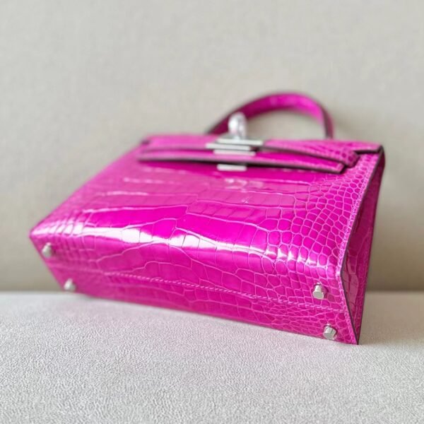 Hermes mini Kelly Shiny Wild Alligator crocodile Deep Rose Purple Silver Hardware 19cm Full Handmade