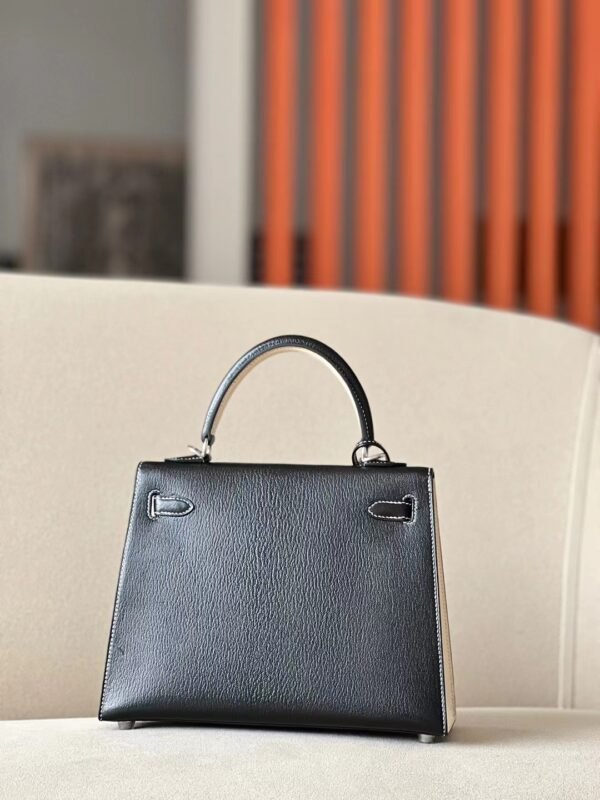 Hermes Kelly Chevre CK89 Black & Creamy White Silver Hardware 25cm Full Handmade