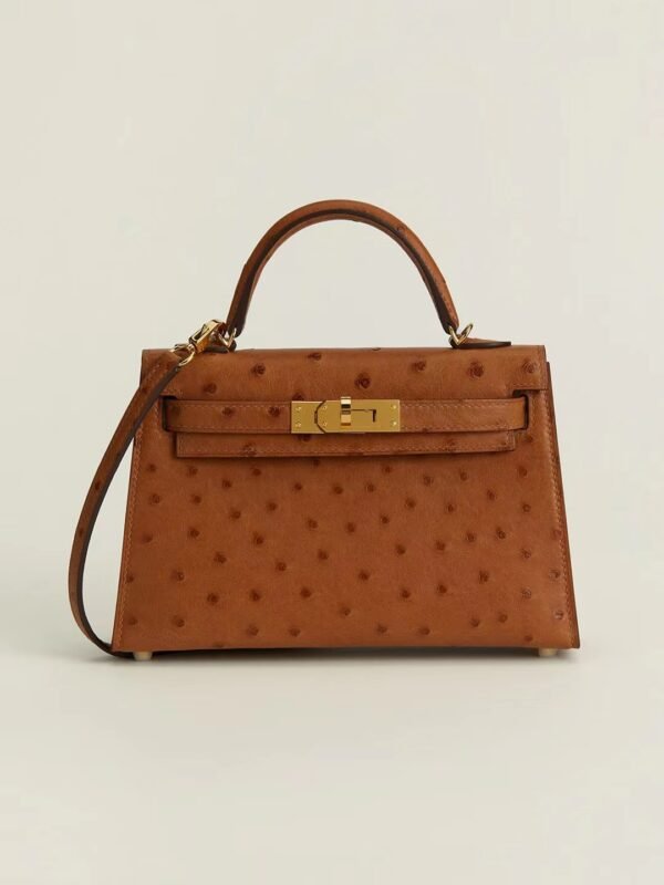 GPC Mode mini kelly Ostrich Leather Golden brown Gold Hardware 19cm Full Handmade