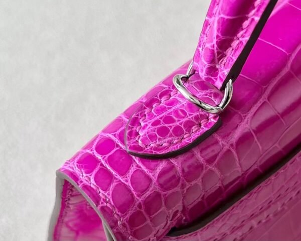 Hermes mini Kelly Shiny Wild Alligator crocodile Deep Rose Purple Silver Hardware 19cm Full Handmade