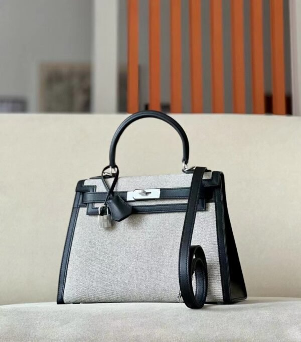 Hermes Kelly swift & canvas CK89 Black Silver Hardware 28cm Full Handmade