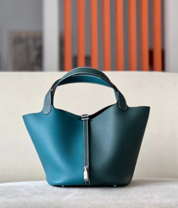 Hermes Picotin TC Leather cyan & Dark Green Silver Hardware 22cm Full Handmade