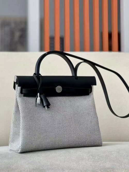 Hermes Herbag Barenia & Canvas Black and white Silver Hardware 31cm Full Handmade