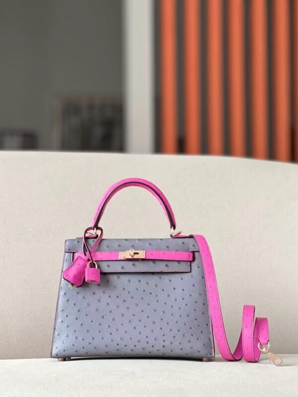 Hermes Kelly Ostrich 82 Agate grey & E5 Candy Pink Rose Gold Hardware 25cm Full Handmade
