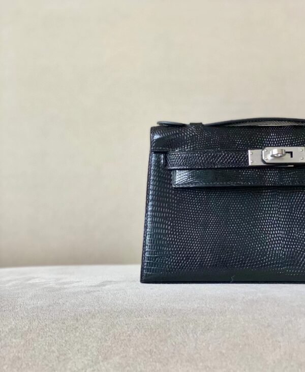 Hermès Kelly pochette Lizard CK89 Black Silver Hardware 22cm Full Handmade