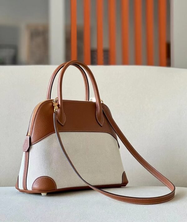 Hermes Bolide Swift & Canvas Golden Brown & White Gold Hardware 31cm Full Handmade