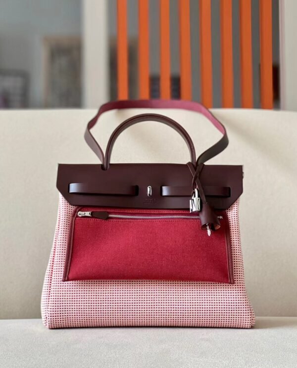 4b7ccf4eee373f2 Hermes Herbag Barenia & Canvas Red & White knit Saddle red Silver Hardware 31cm Full Handmade