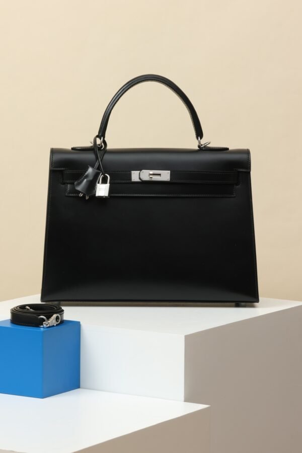 GPC Mode Kelly Shiny Box Leather CK89 Black Silver Hardware 35cm Full Handmade