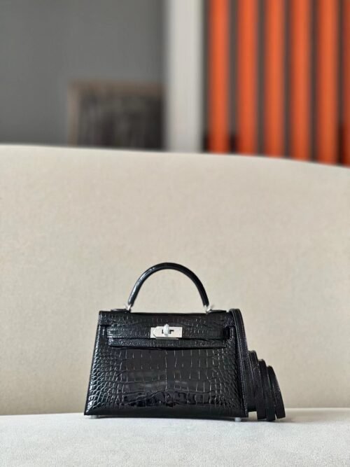 Hermes mini Kelly Shiny Wild Alligator crocodile CK89 Black Silver Hardware 19cm Full Handmade