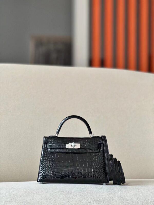 Hermes mini Kelly Shiny Wild Alligator crocodile CK89 Black Silver Hardware 19cm Full Handmade