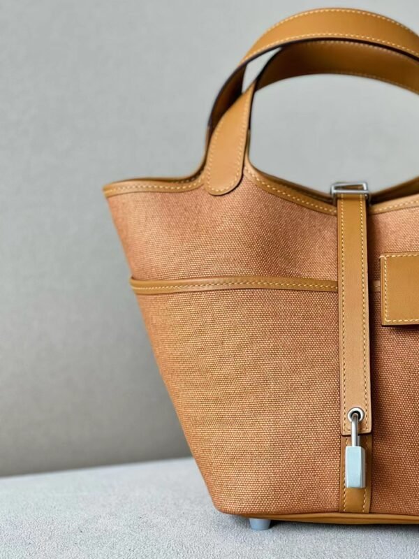 4ccc6a351acd5a5 Hermes Picotin Canvas & Swift 4B Biscuit Khaki Silver Hardware 18cm Full Handmade