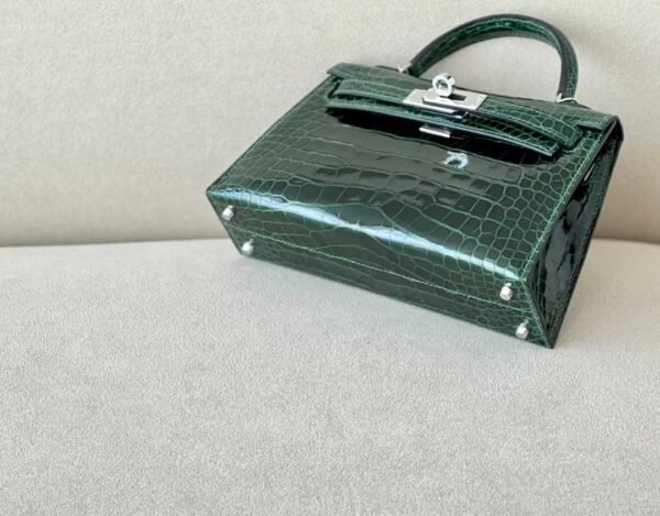 Hermes Mini Kelly Shiny Alligator crocodile 67 Dark green Silver Hardware 19cm Full Handmade