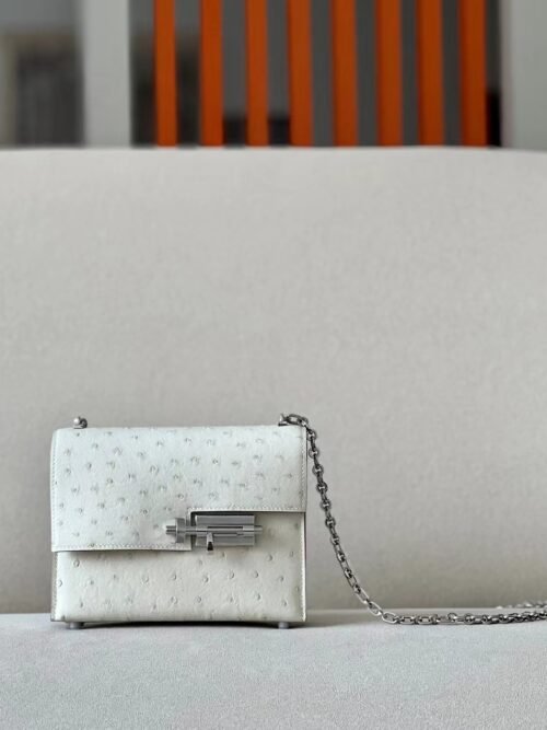 Hermes Verrou Ostrich Creamy White Silver Hardware 17cm Full Handmade
