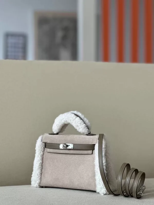 GPC Mode Mini Kelly chamois & swift & Lamb wool CK18 Etoupe Grey Silver Hardware 19cm Full Handmade