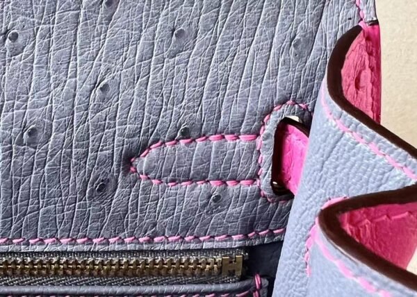 Hermes Kelly Ostrich 82 Agate grey & E5 Candy Pink Rose Gold Hardware 25cm Full Handmade