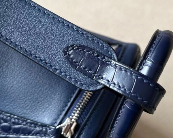Hermes Mini Lindy Swift & crocodile 73 Gem Blue Silver Hardware 19cm Full Handmade