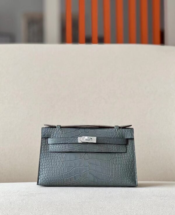 Hermes mini Kelly pochette Matte Alligator tinware grey Silver Hardware 22cm Full Handmade