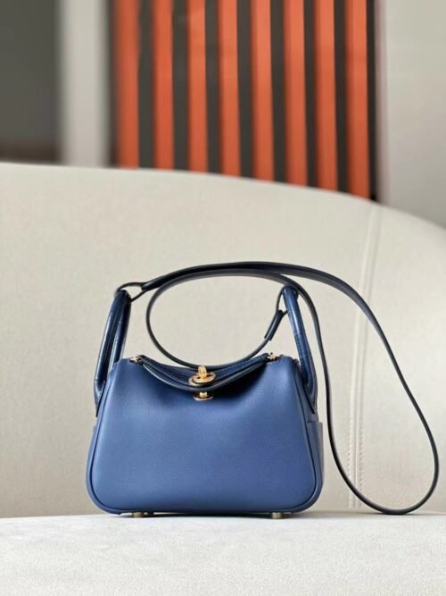 Hermes Mini Lindy crocodile & swift 73 Gem Blue Gold Hardware 19cm Full Handmade